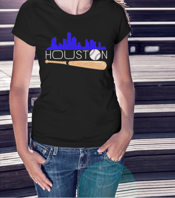 Houston Baseball Astro Font Skyline With Bat And Ball T-Shirt