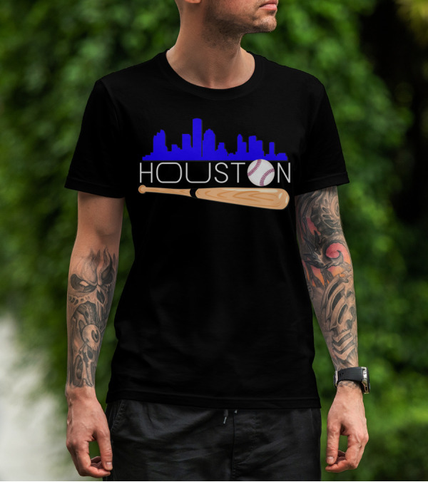 Houston Baseball Astro Font Skyline With Bat And Ball T-Shirt