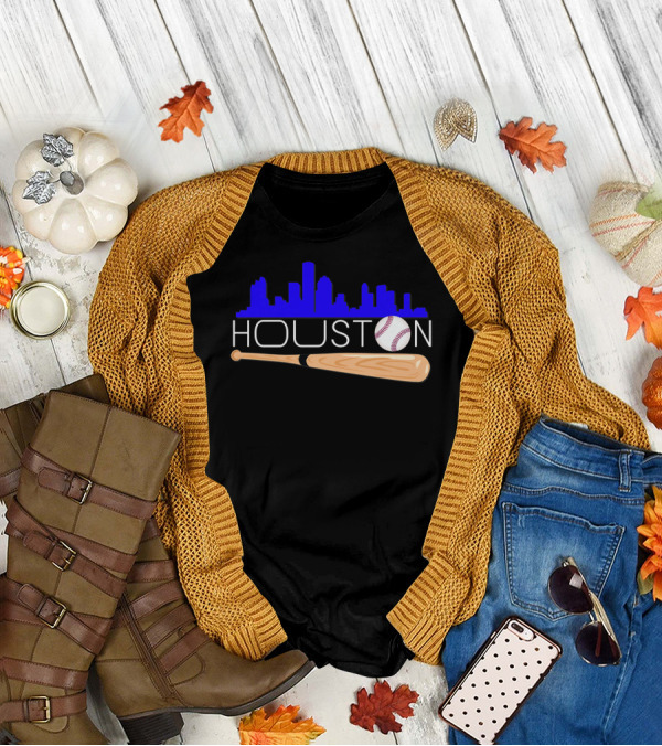 Houston Baseball Astro Font Skyline With Bat And Ball T-Shirt