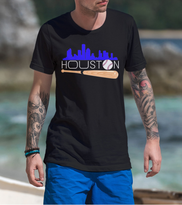Houston Baseball Astro Font Skyline With Bat And Ball T-Shirt