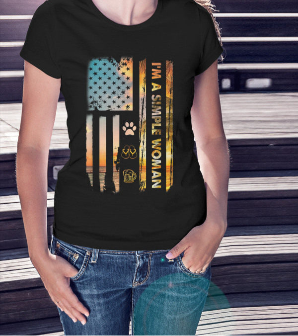 I'm A Simple Woman American Flag Dog Paw Flip Flops Beer Beach Sunset T-Shirt