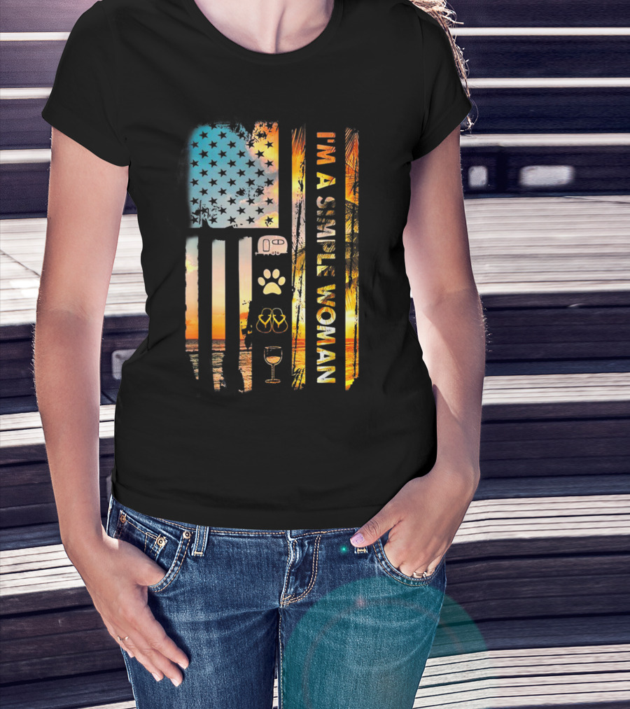I'm A Simple Woman Camper Dog Paw Flip Flops Wine Sunset Camp T-Shirt