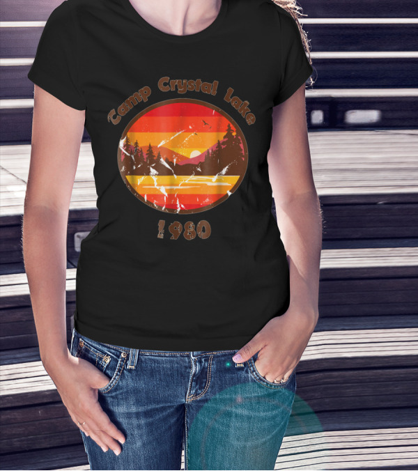 Camp Crystal Lake 1980 Retro Sunset Forest Scene T-Shirt