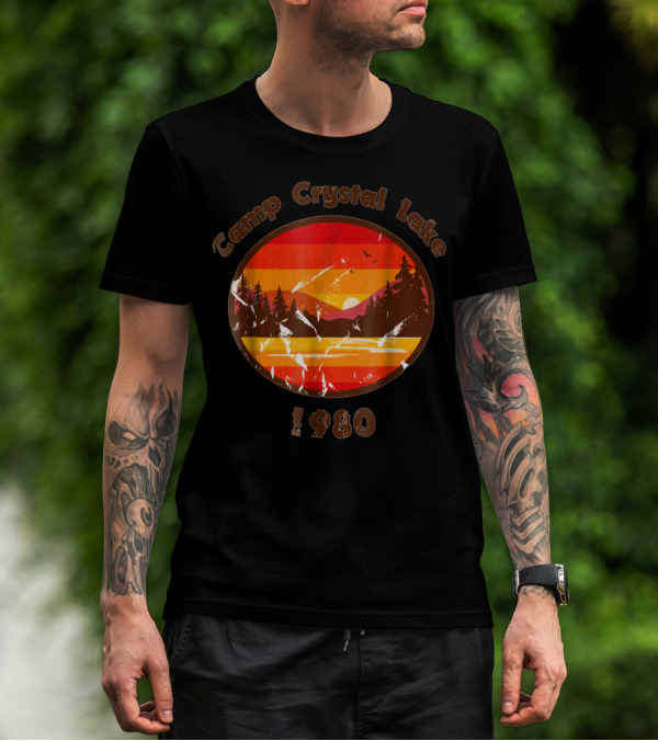 Camp Crystal Lake 1980 Retro Sunset Forest Scene T-Shirt