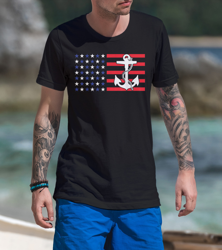 American Flag Anchor Patriotic Military July Navy USA T-Shirt