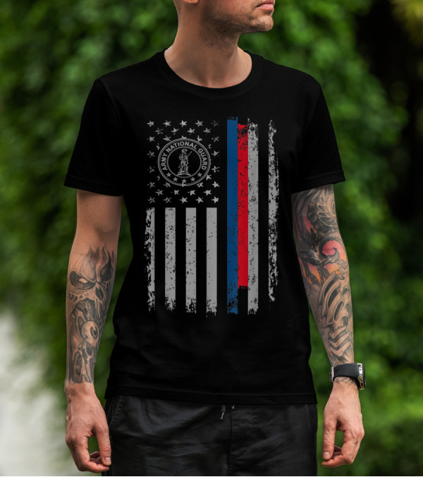 American Flag Army National Guard Symbol With Distressed Stripes T-Shirt