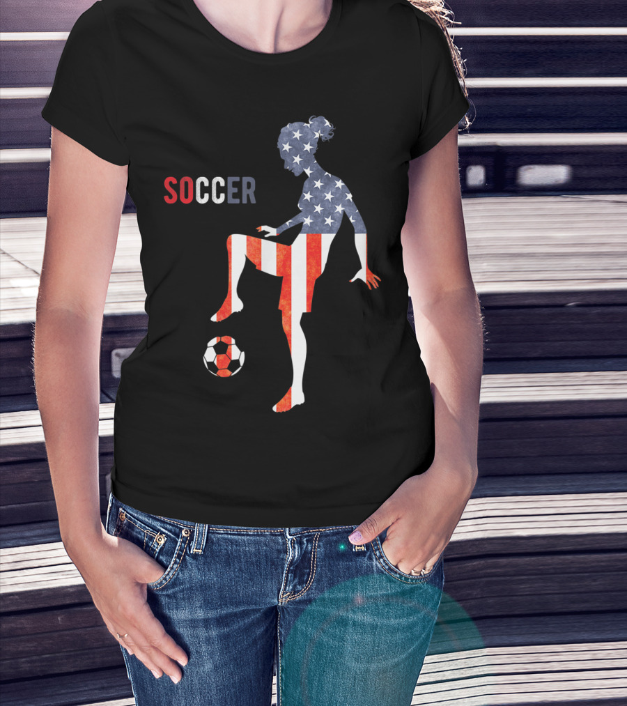 American Flag USA Soccer Player Silhouette Girl T-Shirt