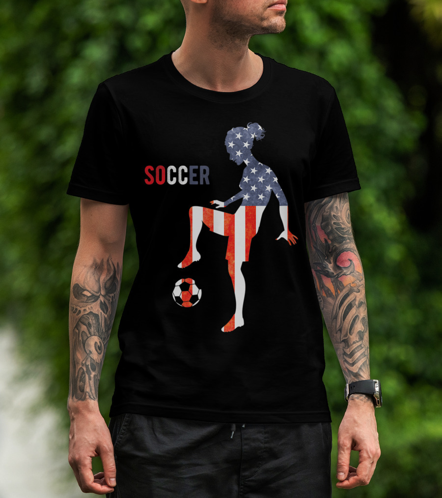 American Flag USA Soccer Player Silhouette Girl T-Shirt