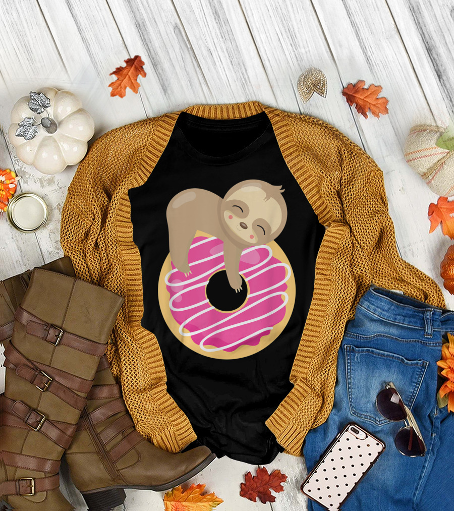 Baby Sloth Sleeping on Pink Frosted Donut T-Shirt