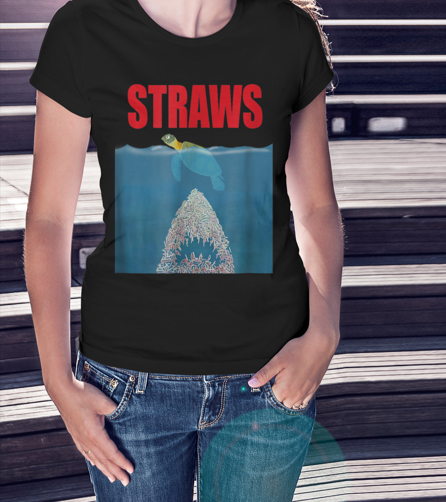 Straws Sea Turtle Save Earth Ban Plastics T-Shirt