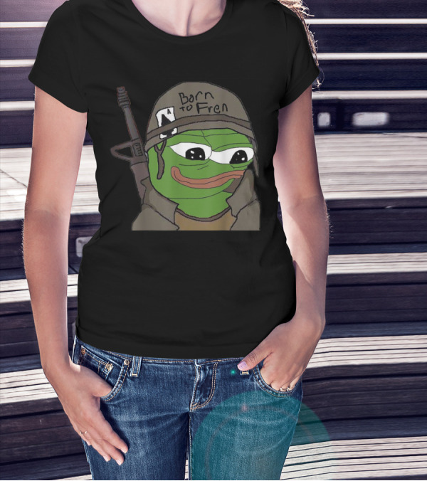 Born To Fren Pepe Military Helmet Cartoon With Rifle T-Shirt