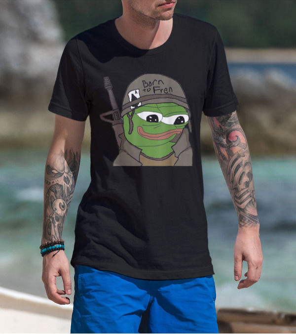 Born To Fren Pepe Military Helmet Cartoon With Rifle T-Shirt