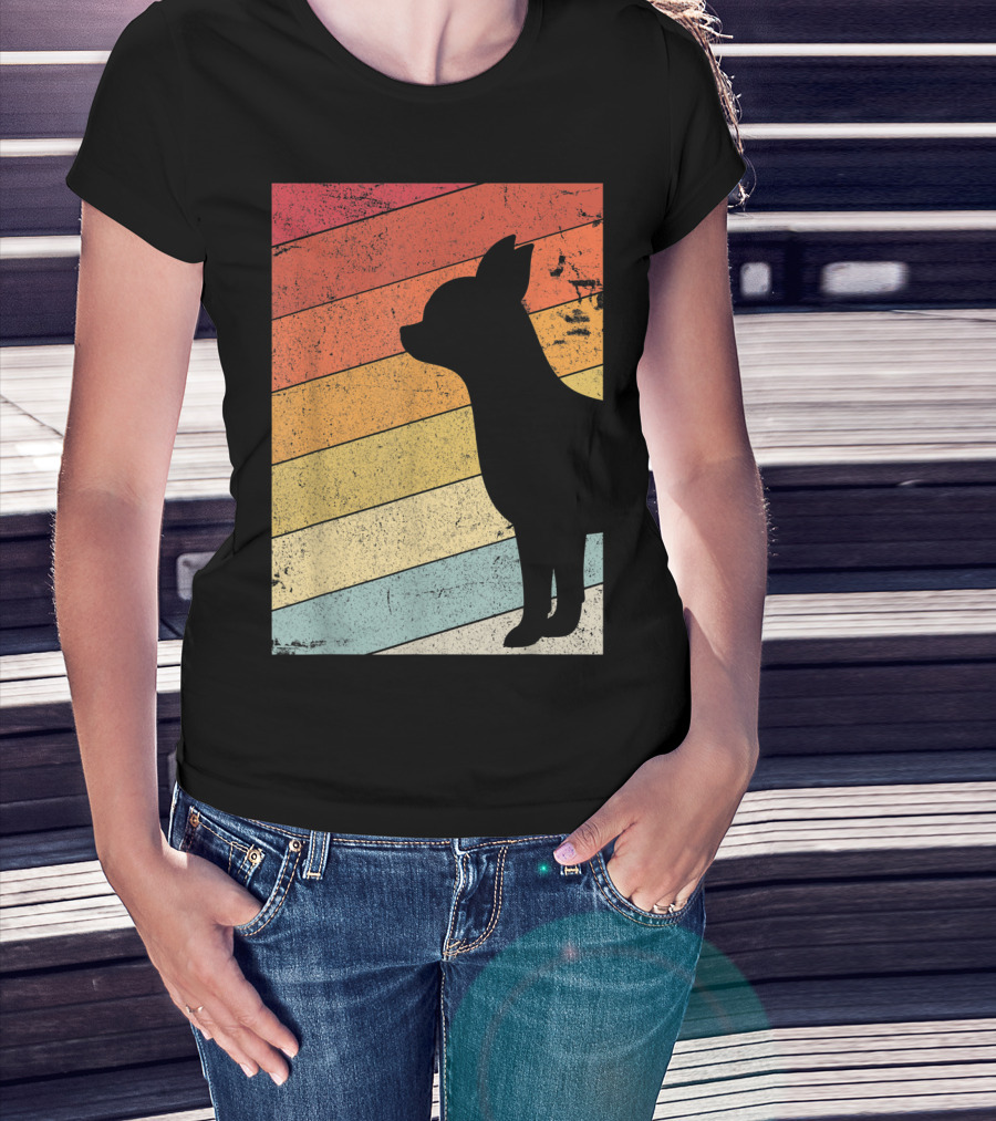 Chihuahua Style Retro Silhouette With Vintage Rainbow Stripes T-Shirt
