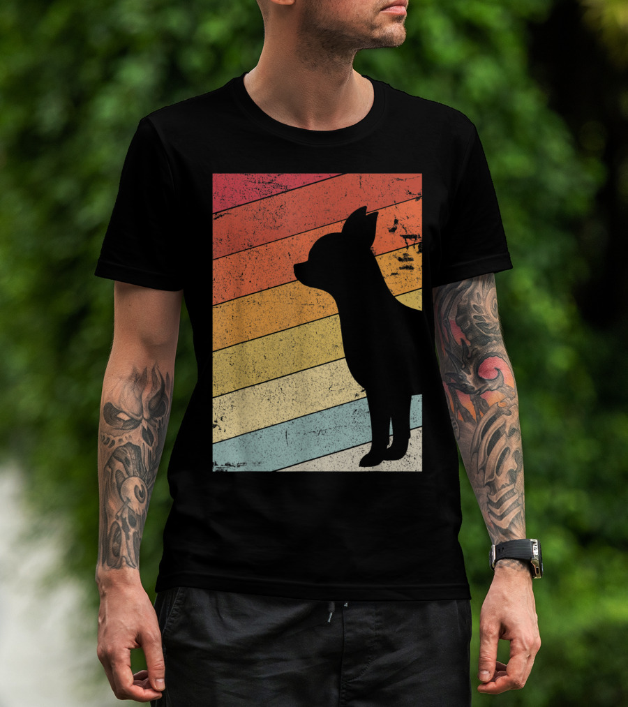Chihuahua Style Retro Silhouette With Vintage Rainbow Stripes T-Shirt