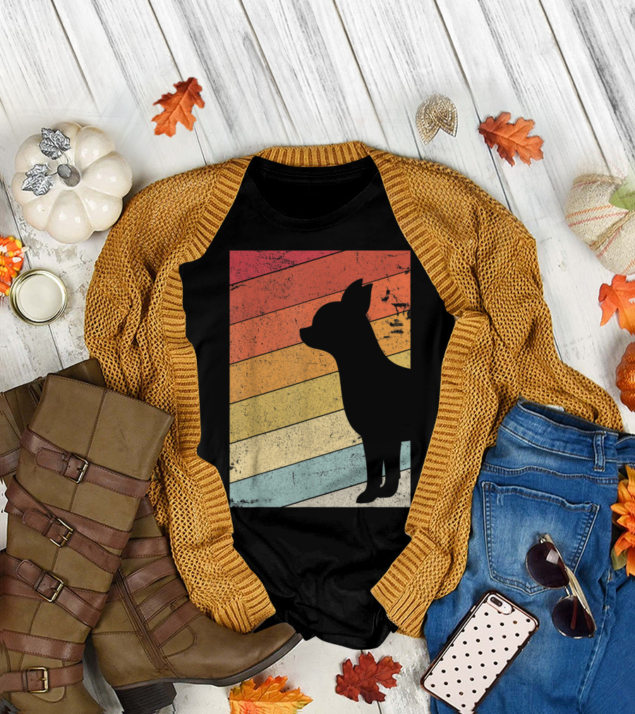 Chihuahua Style Retro Silhouette with Vintage Rainbow Stripes T-Shirt