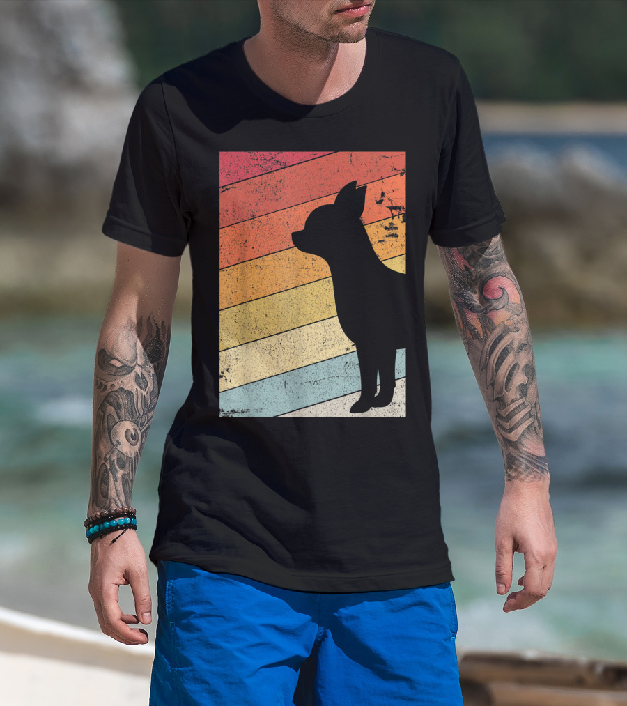 Chihuahua Style Retro Silhouette With Vintage Rainbow Stripes T-Shirt