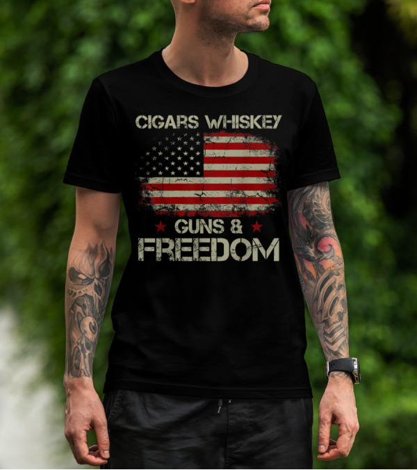 Cigars Whiskey Guns Freedom American Flag Patriotic USA Stars Stripes T-Shirt