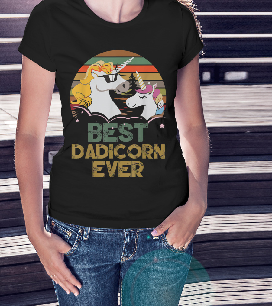 Best Dadicorn Ever Retro Funny Unicorns With Sunset Stripes T-Shirt