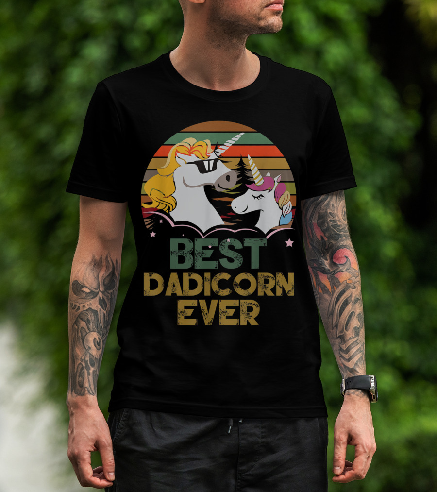Best Dadicorn Ever Retro Funny Unicorns With Sunset Stripes T-Shirt