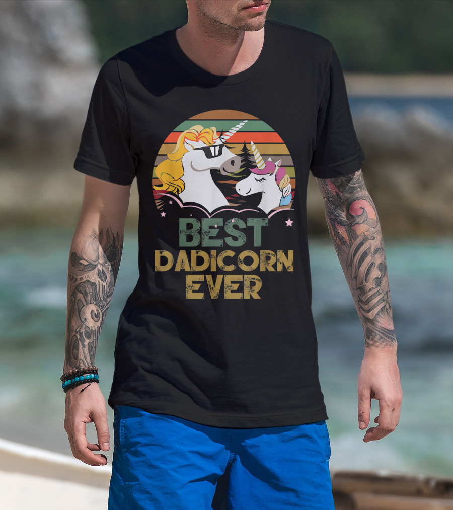 Best Dadicorn Ever Retro Funny Unicorns With Sunset Stripes T-Shirt