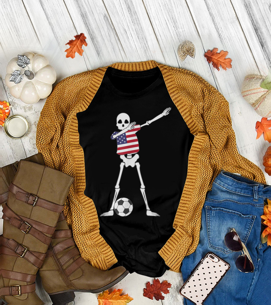 Dabbing Skeleton USA Soccer American Flag Dab Dance Football T-Shirt