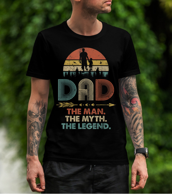 Dad The Man The Myth The Legend Vintage Papa Silhouette Retro Sunset Forest Arrow T-Shirt