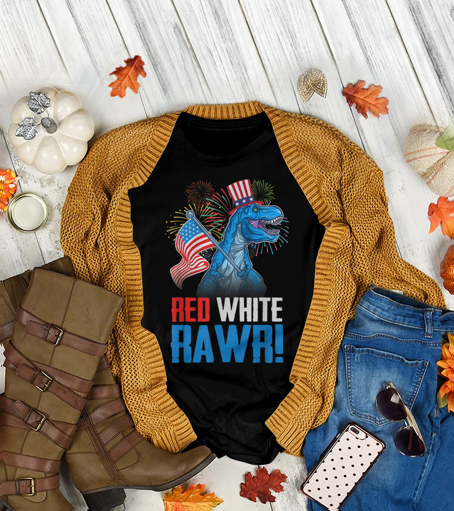 Red White Rawr Dinosaur Rex USA Flag 4th of July T-Shirt