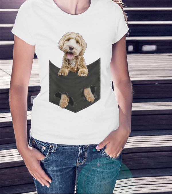 Dog In Your Pocket Labradoodle Peeking Out Pawing Through Black Pocket T-Shirt