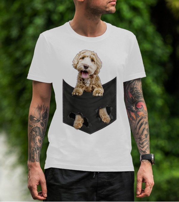 Dog In Your Pocket Labradoodle Peeking Out Pawing Through Black Pocket T-Shirt