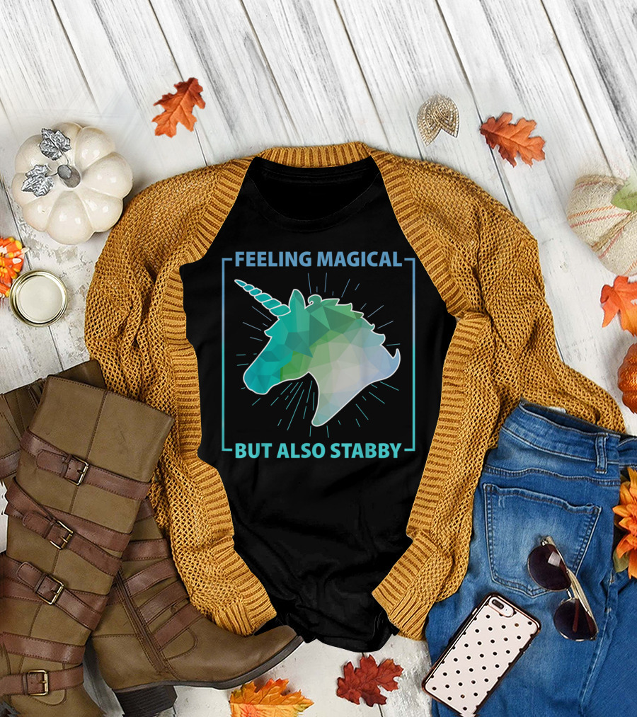 Feeling Magical But Also Stabby Funny Cute Unicorn Geometric Head T-Shirt