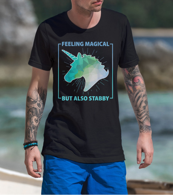 Feeling Magical But Also Stabby Funny Cute Unicorn Geometric Head T-Shirt