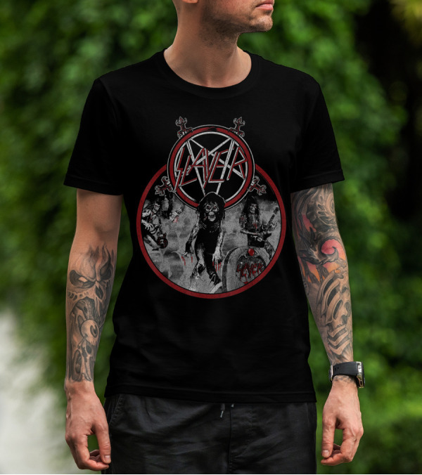 Slayer Live Undead Pentagram Zombies Skulls Battleground T-Shirt