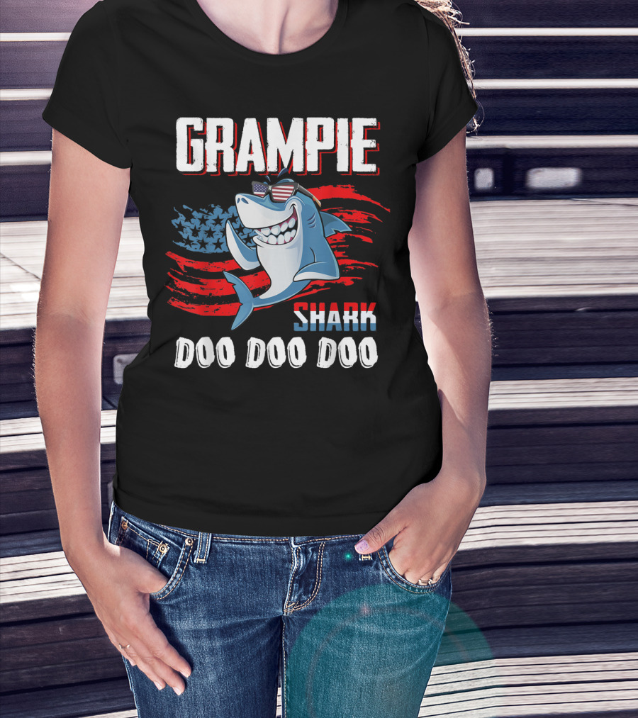 Grampie Shark Doo Doo Doo Father's Day 4th Of July American Flag Sunglasses T-Shirt