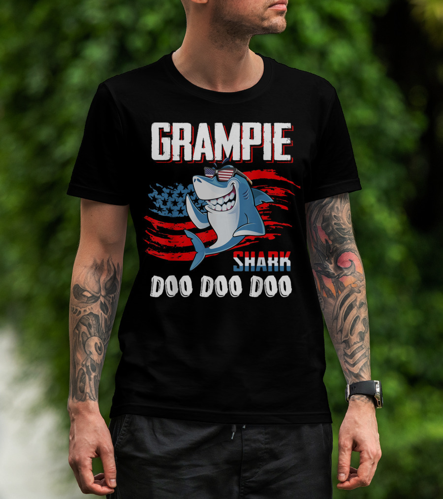 Grampie Shark Doo Doo Doo Father's Day 4th Of July American Flag Sunglasses T-Shirt