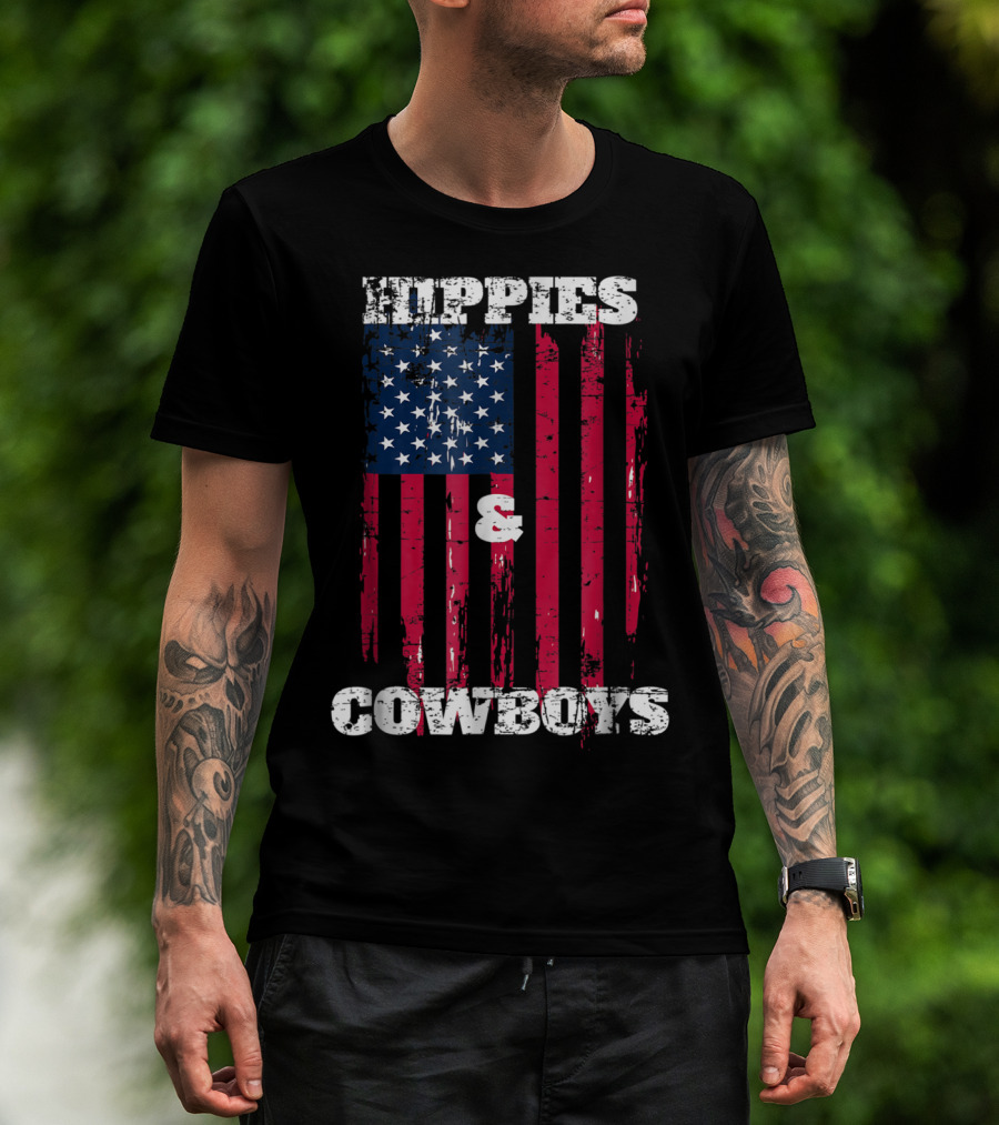 Hippies Cowboys And American Flag Distressed Look T-Shirt