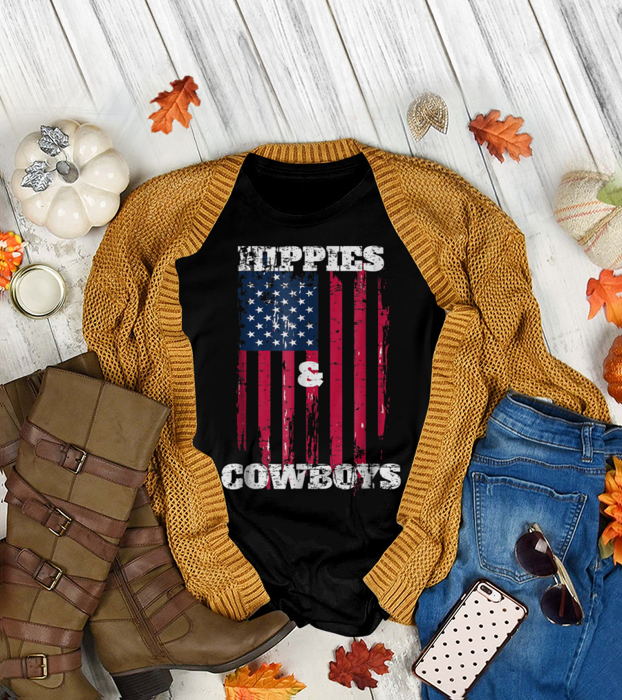 Hippies Cowboys And American Flag Distressed Look T-Shirt