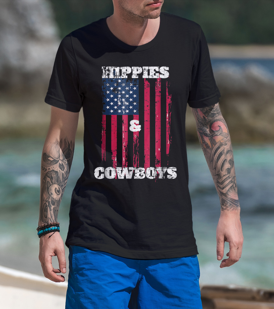 Hippies Cowboys And American Flag Distressed Look T-Shirt