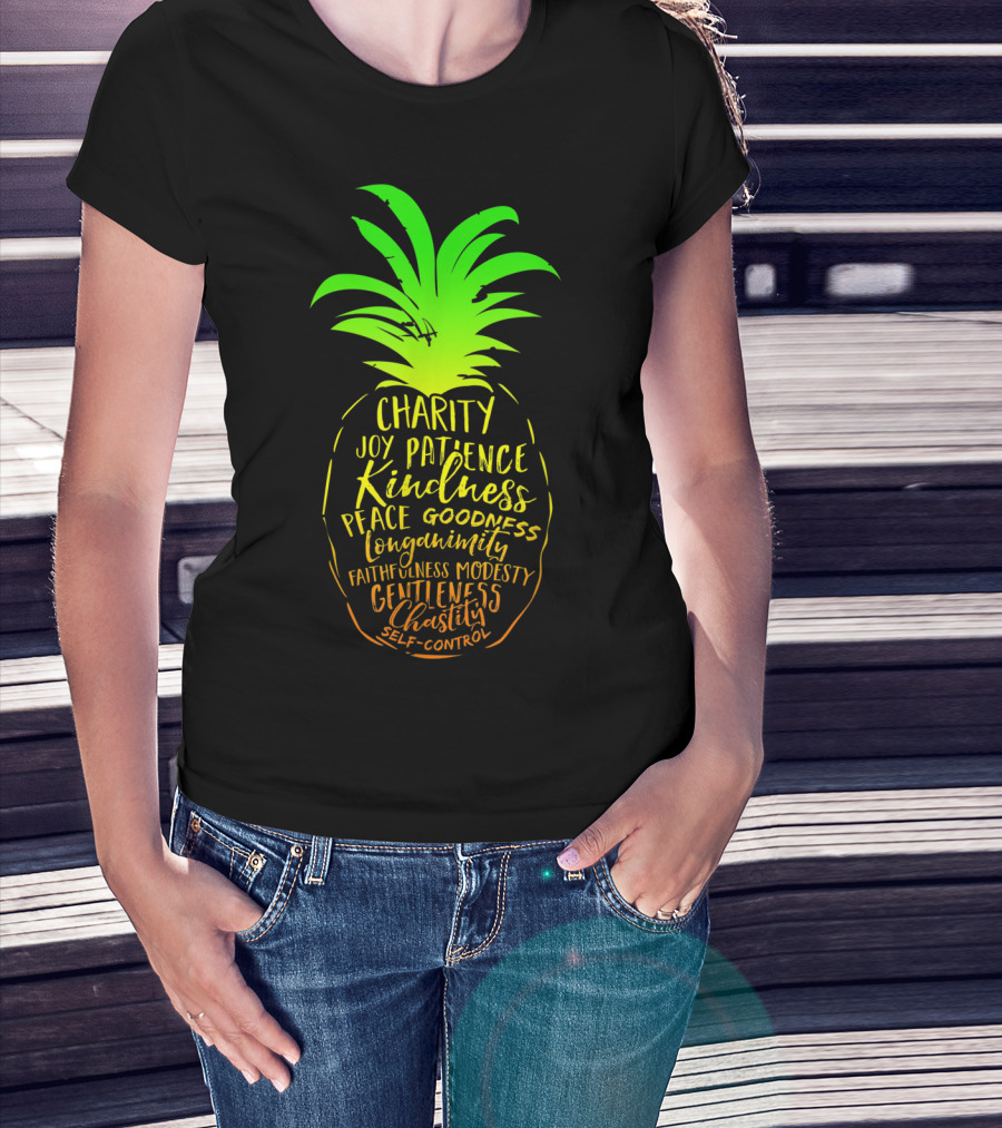 Holy Spirit Catholic Pineapple Charity Joy Patience Kindness Peace Goodness Longanimity Faithfulness Modesty Gentleness Chastity Self-Control T-Shirt