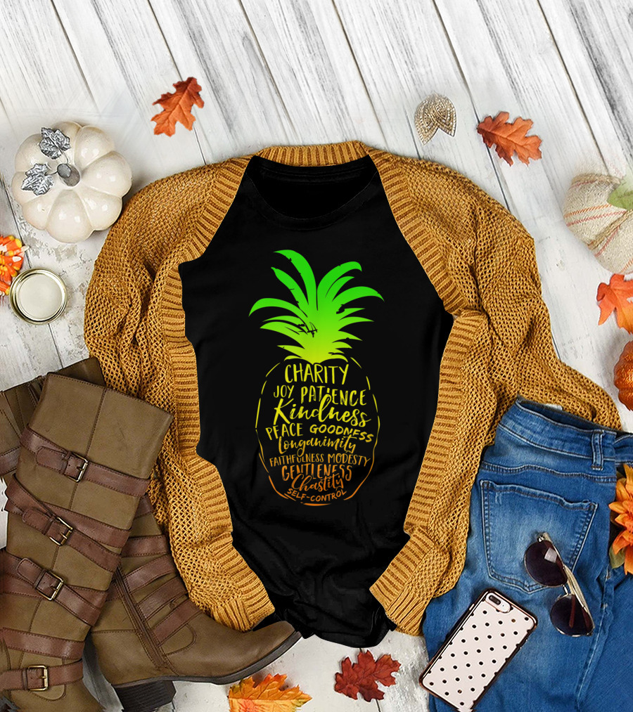 Holy Spirit Catholic Pineapple Charity Joy Patience Kindness Peace Goodness Longanimity Faithfulness Modesty Gentleness Chastity Self-Control T-Shirt
