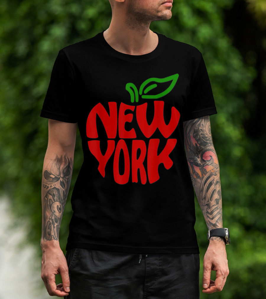 New York Big Apple Red Typography With Green Leaf T-Shirt