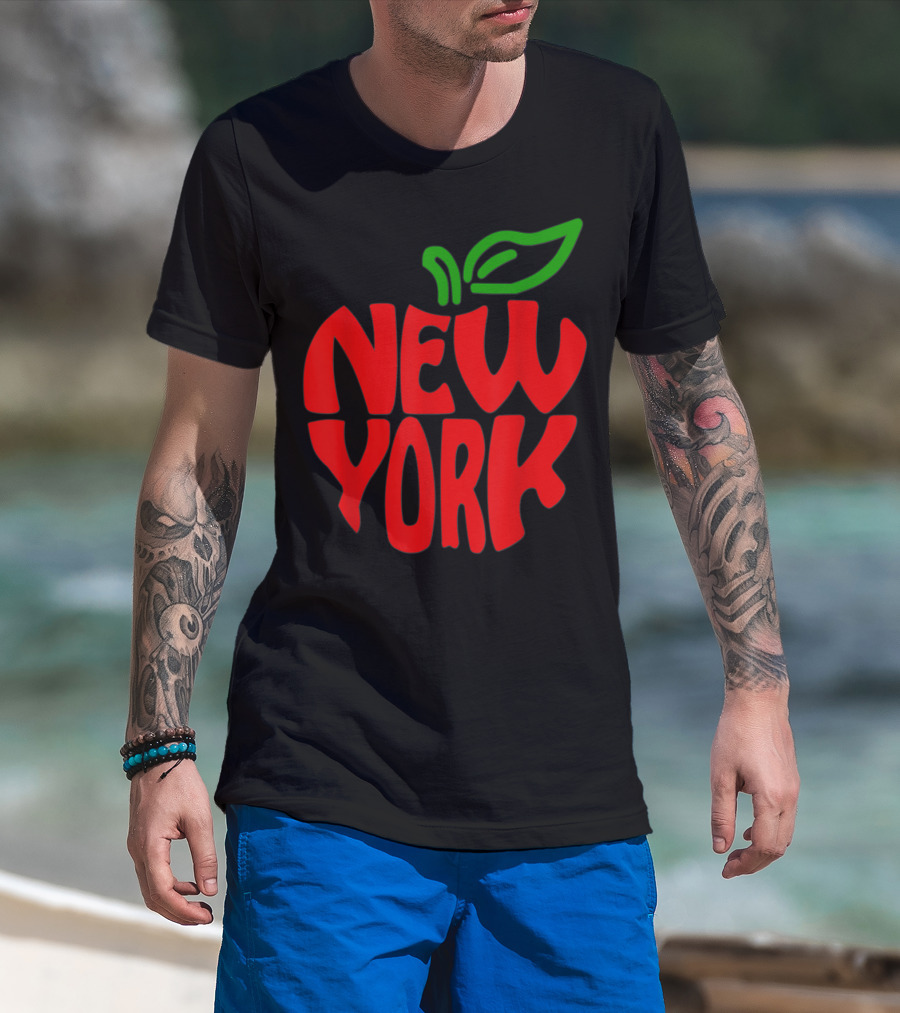 New York Big Apple Red Typography With Green Leaf T-Shirt