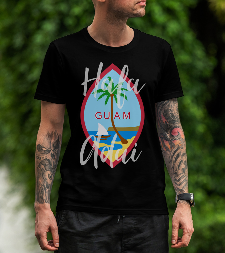 Hafa Adai Guam Palm Tree Beach Sailboat Emblem T-Shirt