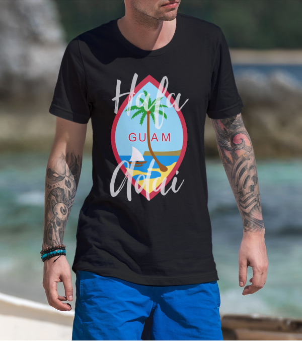 Hafa Adai Guam Palm Tree Beach Sailboat Emblem T-Shirt