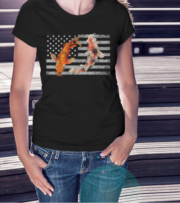 USA Flag With Japanese Koi Fish And Koi Carp T-Shirt