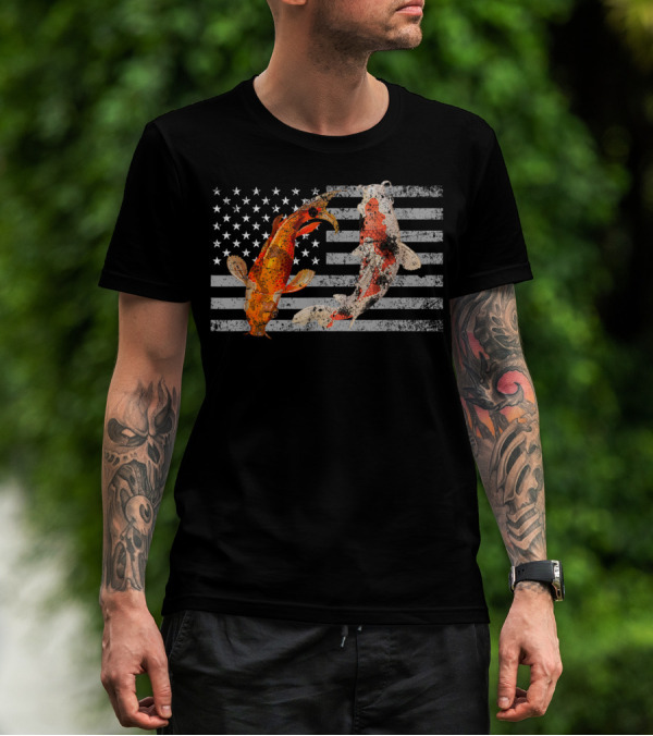 USA Flag With Japanese Koi Fish And Koi Carp T-Shirt