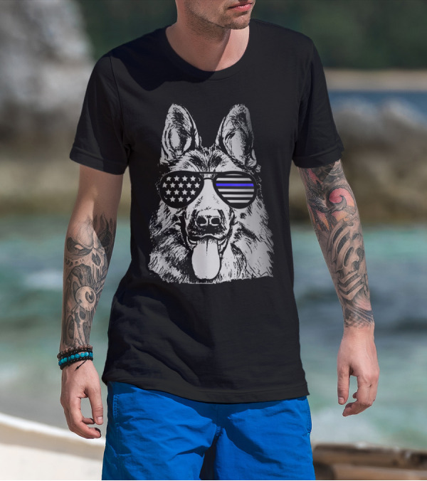 K9 Police Officer Thin Blue Line Police Dog Sunglasses Patriotic T-Shirt