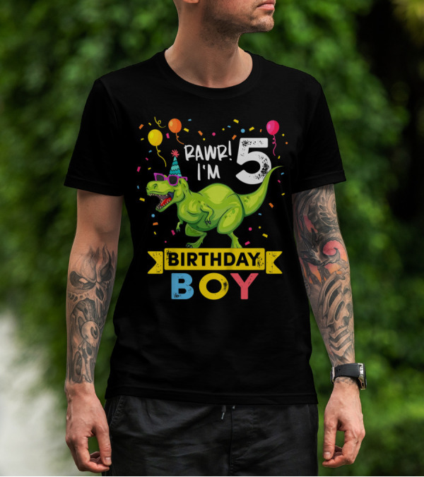 RAWR I'm 5 Birthday Boy Dinosaur Party Hat Balloons And Confetti T-Shirt