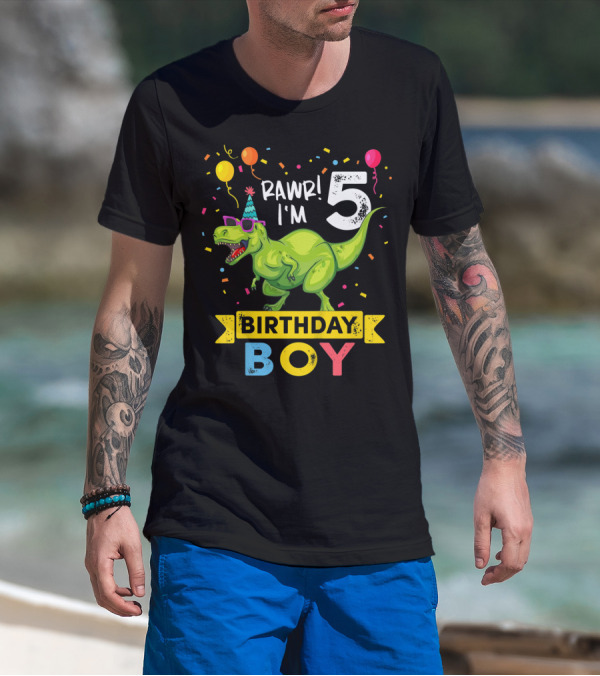 RAWR I'm 5 Birthday Boy Dinosaur Party Hat Balloons And Confetti T-Shirt
