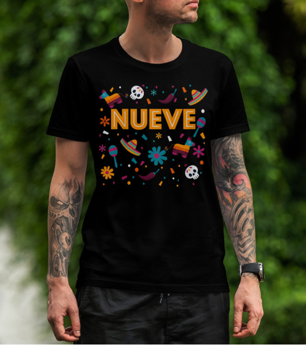 Kids 9 Year Old Mexican Fiesta Birthday Nueve Pinata Sombrero Maracas Skulls Flowers T-Shirt