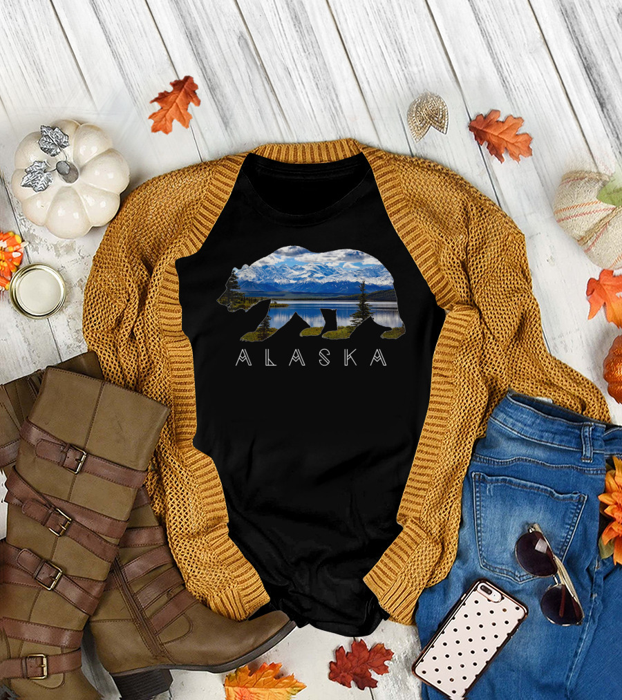 Alaska Bear Silhouette with Mountain Lake Scene T-Shirt